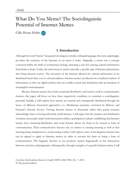 Article What Do You Meme? the Sociolinguistic Potential of Internet Memes