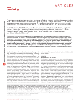 Complete Genome Sequence of the Metabolically Versatile Photosynthetic Bacterium Rhodopseudomonas Palustris