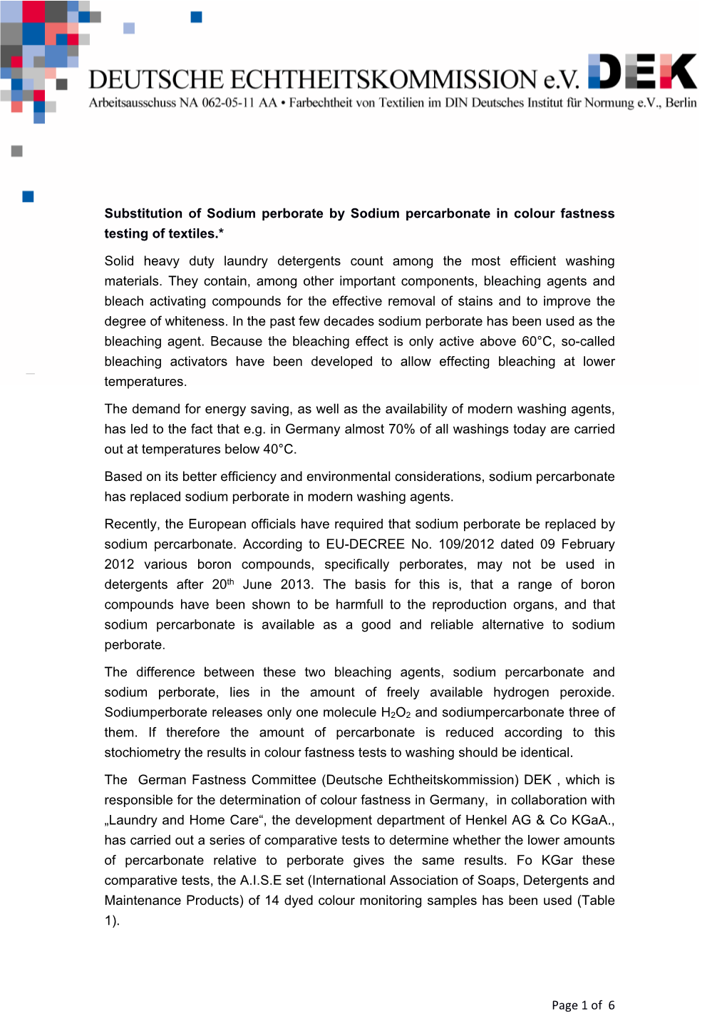 Of 6 Substitution of Sodium Perborate by Sodium Percarbonate in Colour