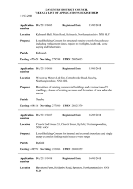 Daventry District Council Weekly List of Applications Registered 11/07/2011