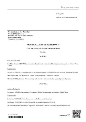2103220* Committee on the Peaceful Uses of Outer Space PROVISIONAL LIST of PARTICIPANTS