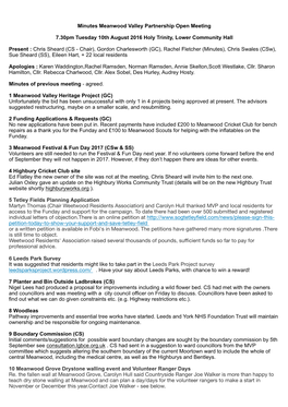 Minutes Meanwood Valley Partnership Open Meeting 7.30Pm