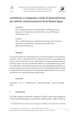 Antichresis: a Comparative Study of Classical Roman Law and the Contractual Praxis from Roman Egypt