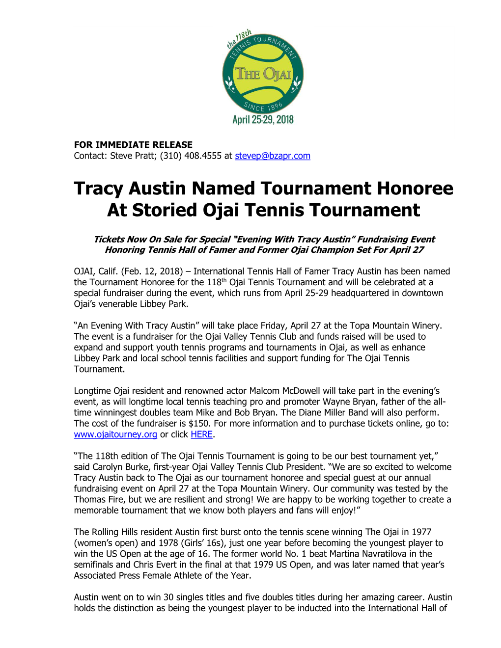 118Th Ojai Tennis Tournament Advance Press Release