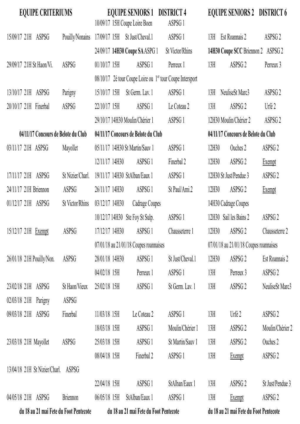 Calendriers Equipes Saison 2017-2018 ASPSG Mis À Jour