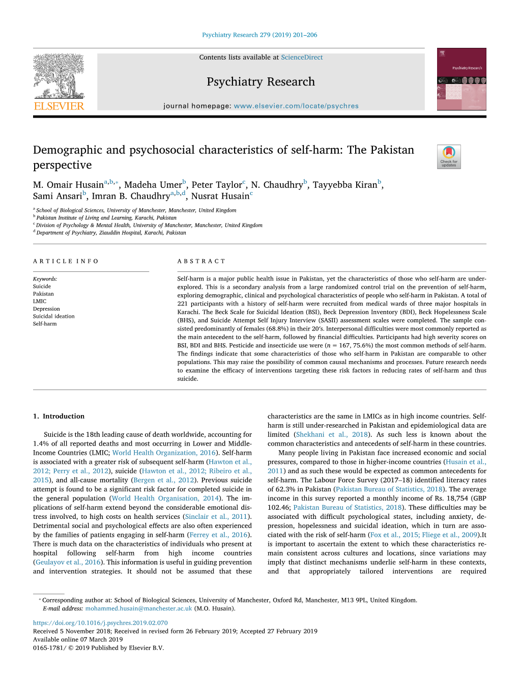 Demographic and Psychosocial Characteristics of Self-Harm The