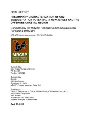 Final Report Preliminary Characterization of Co2 Sequestration Potential in New Jersey and the Offshore Coastal Region