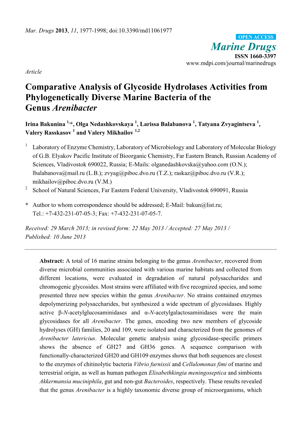 Comparative Analysis of Glycoside Hydrolases Activities from Phylogenetically Diverse Marine Bacteria of the Genus Arenibacter