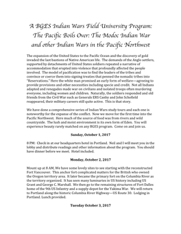 A BGES Indian Wars Field University Program: the Pacific Boils Over: the Modoc Indian War and Other Indian Wars in the Pacific Northwest