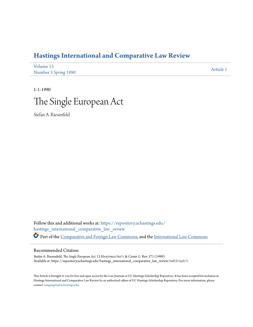 The Single European Act, 13 Hastings Int'l & Comp