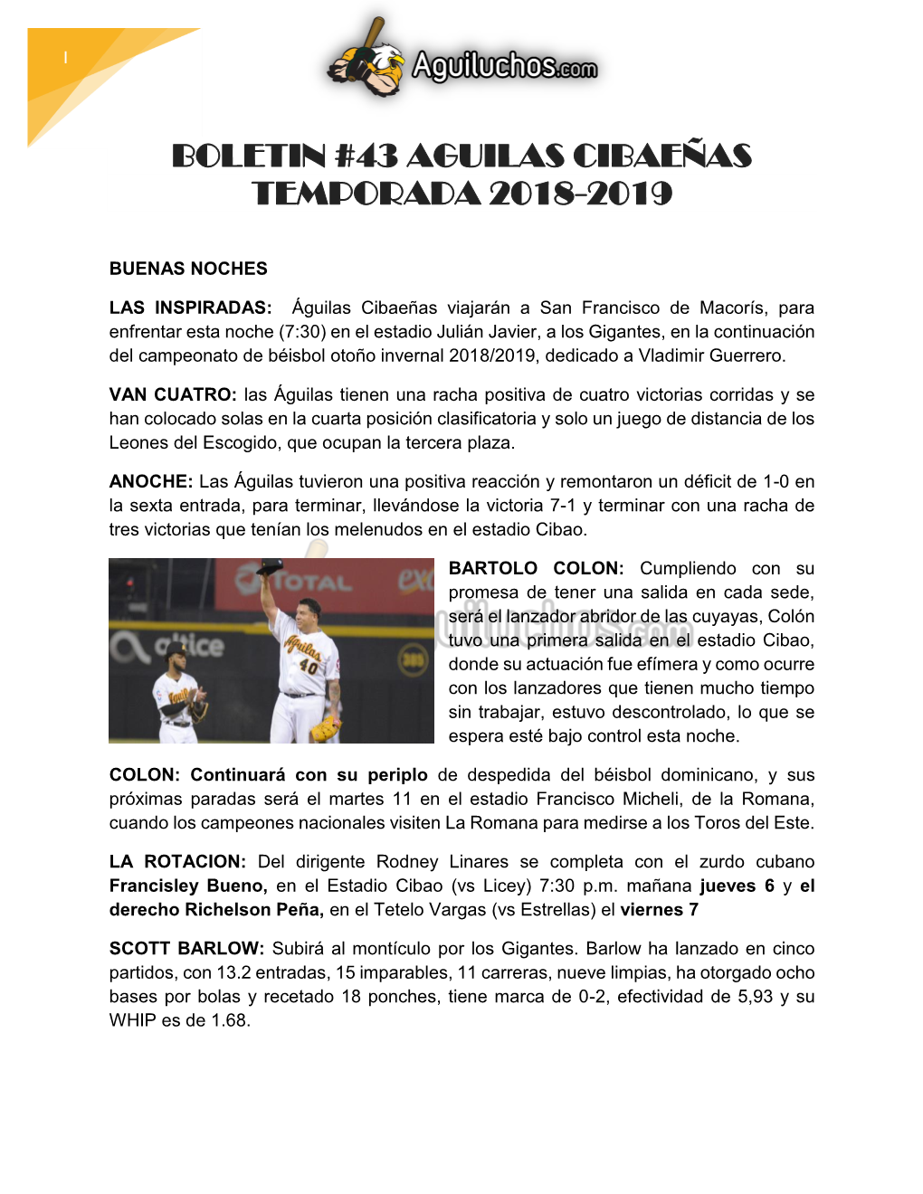 Boletin #43 Aguilas Cibaeñas Temporada 2018-2019