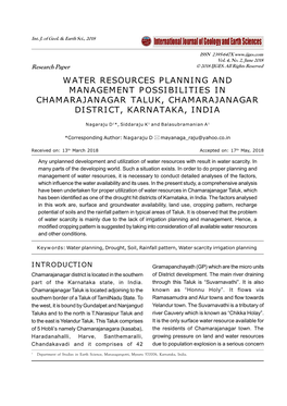 Water Resources Planning and Management Possibilities in Chamarajanagar Taluk, Chamarajanagar District, Karnataka, India