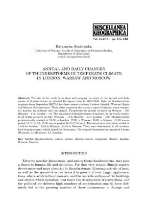 Annual and Daily Changes of Thunderstorms in Temperate Climate in London, Warsaw and Moscow
