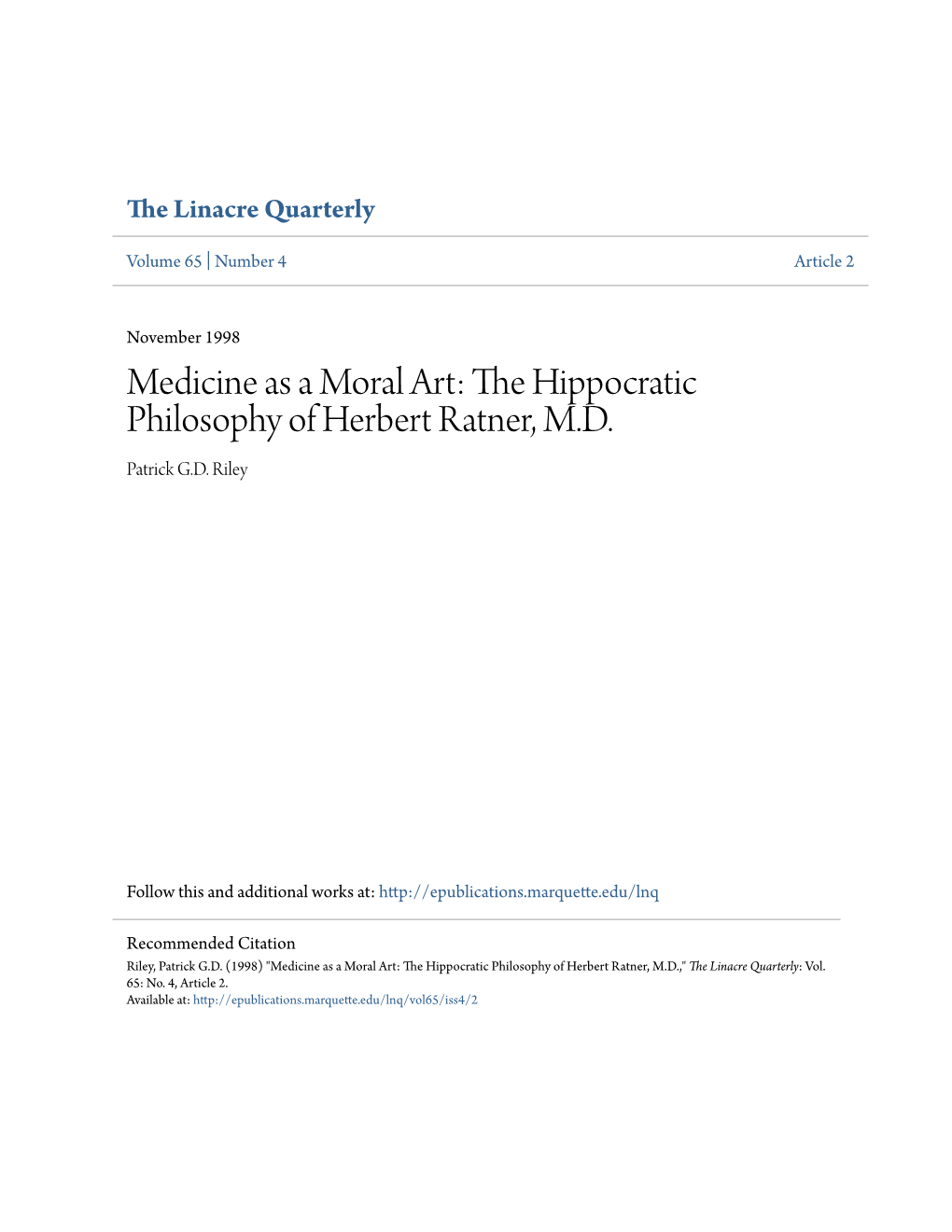 The Hippocratic Philosophy of Herbert Ratner, MD