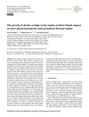The Growth of Shrubs on High Arctic Tundra at Bylot Island: Impact on Snow Physical Properties and Permafrost Thermal Regime