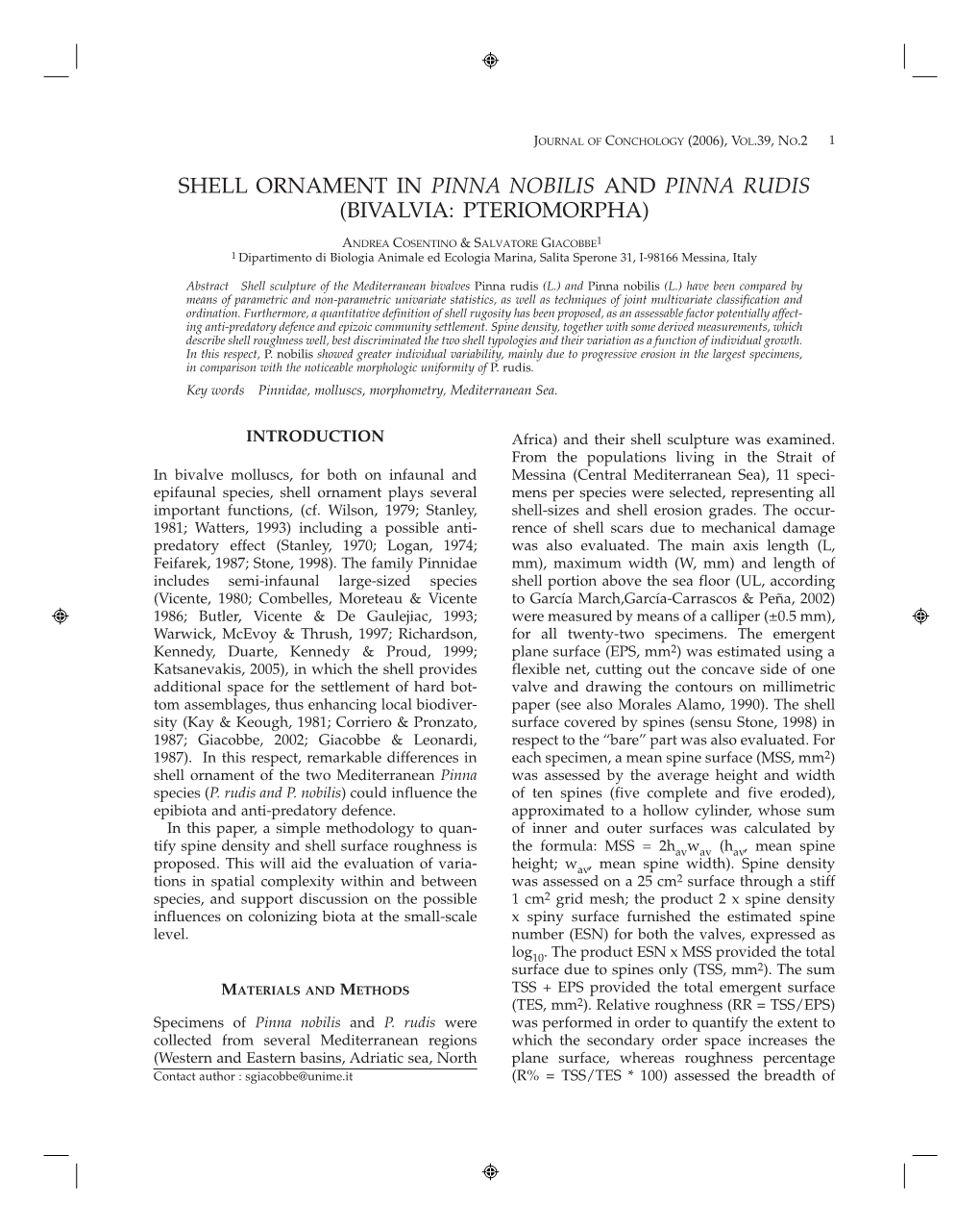 Shell Ornament in Pinna Nobilis and Pinna Rudis (Bivalvia: Pteriomorpha)