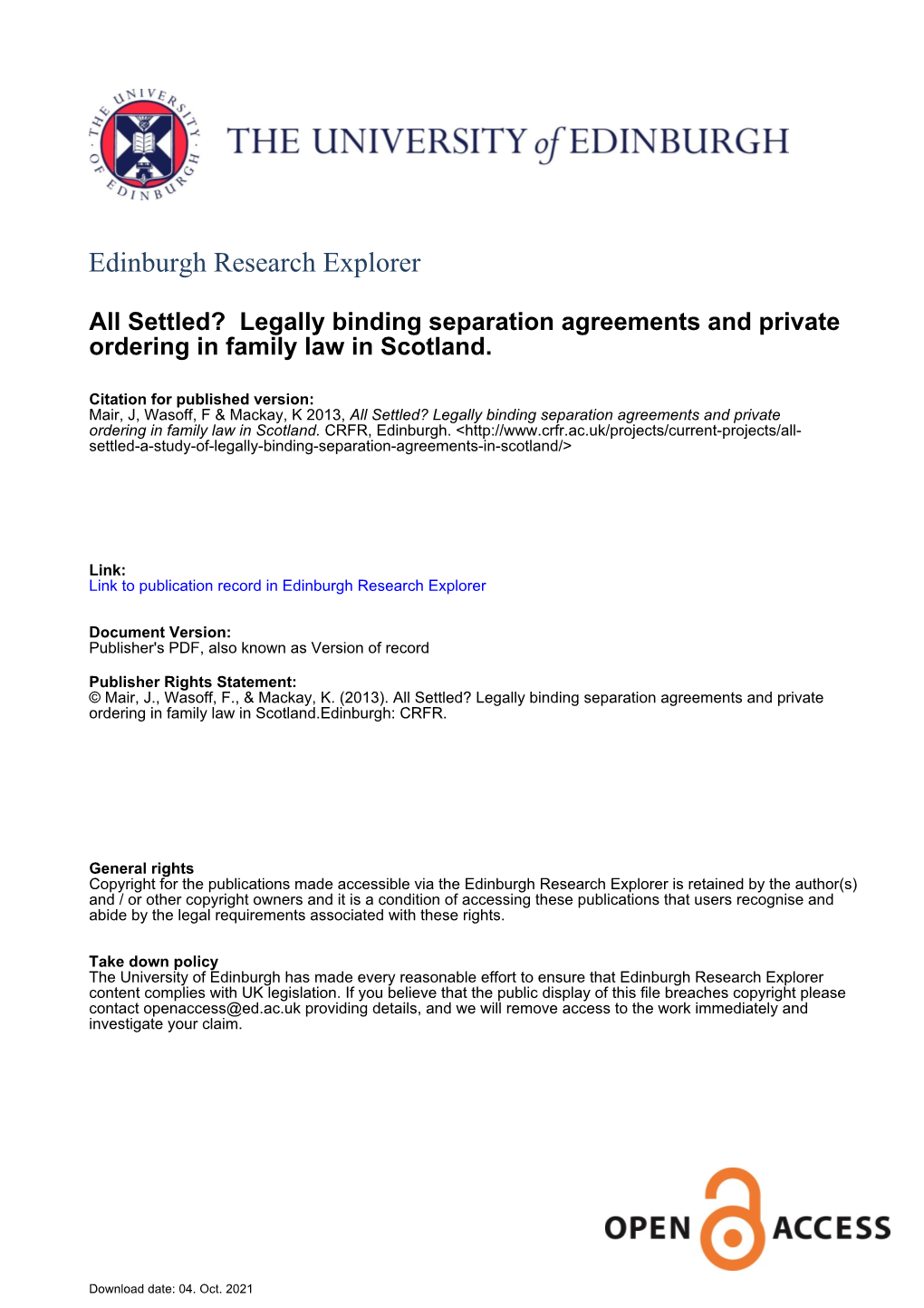 Legally Binding Separation Agreements and Private Ordering in Family Law in Scotland