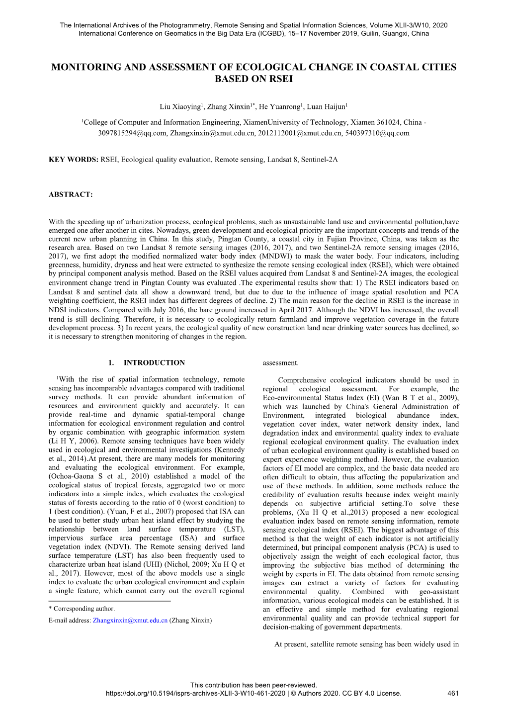 Monitoring and Assessment of Ecological Change in Coastal Cities Based on Rsei