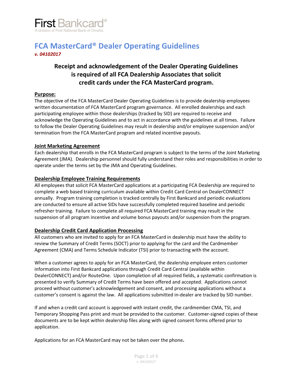 FCA Mastercard® Dealer Operating Guidelines V