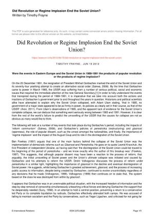 Did Revolution Or Regime Implosion End the Soviet Union? Written by Timothy Frayne