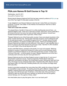 PGA.Com Names RI Golf Course in Top 10 Wednesday, July 20, 2011 Golocalprov Features Team