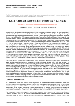 Latin American Regionalism Under the New Right Written by Bárbara C
