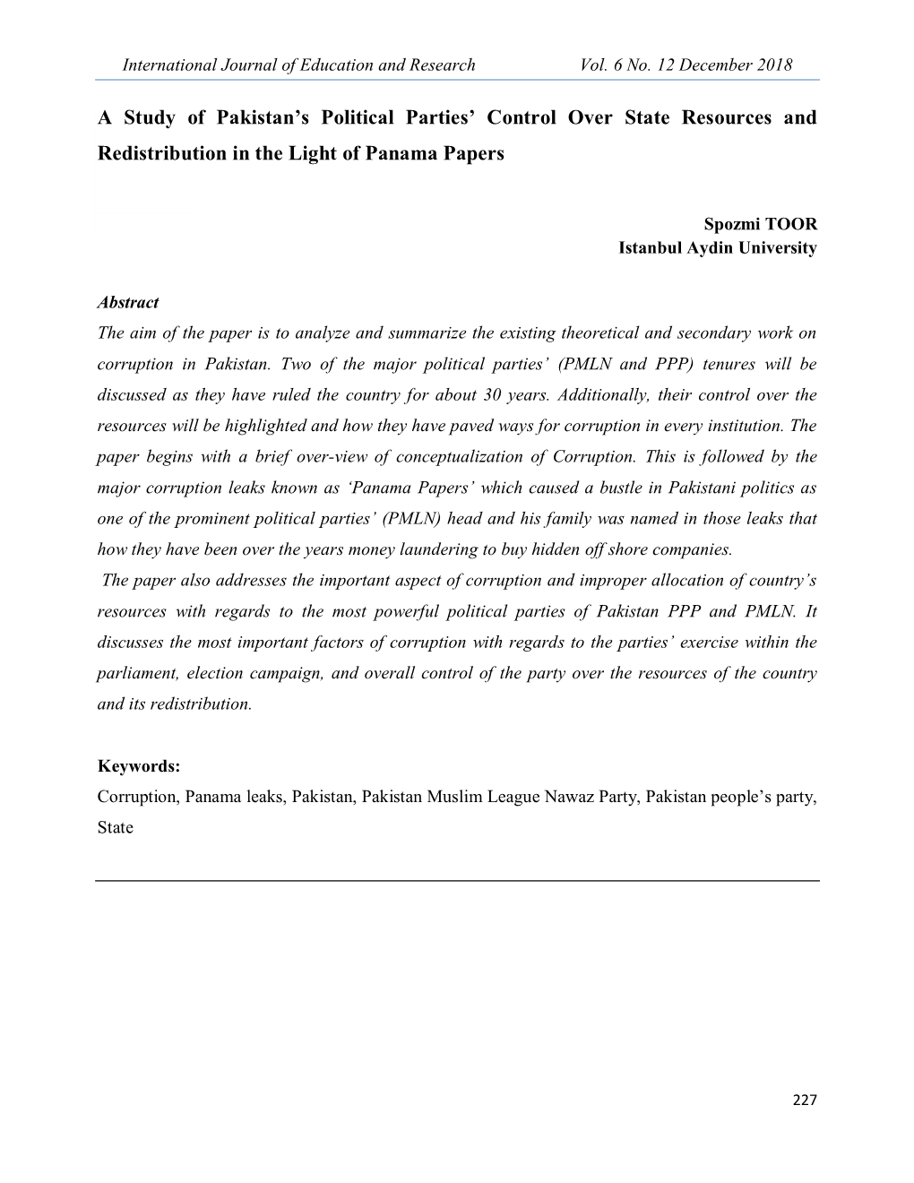 A Study of Pakistan's Political Parties' Control Over State Resources and Redistribution in the Light of Panama Papers