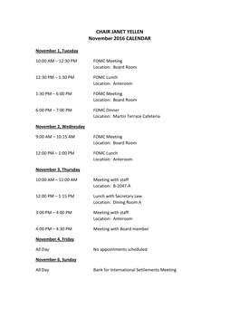 Chair Yellen's Calendar, November 2016