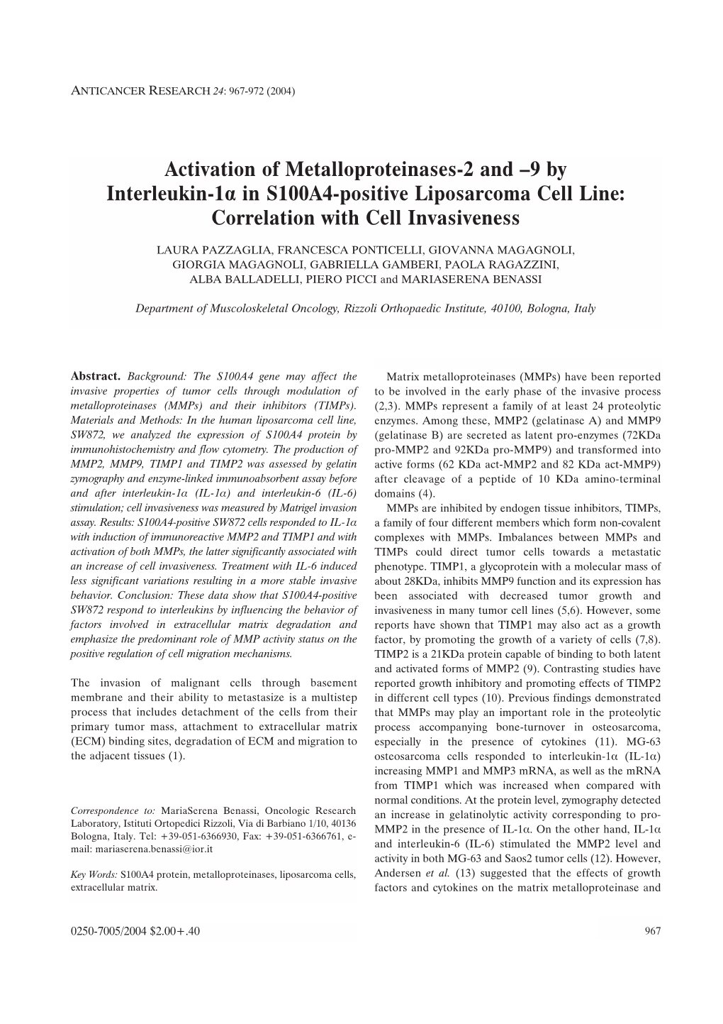 9 by Interleukin-1· in S100A4-Positive Liposarcoma Cell Line: Correlation with Cell Invasiveness