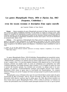 Les Genres Rhamphiophis Peters, 1854 Et Dipsina Jan, 1863 (Serpentes, Colubridae) : Revue Des Taxons Reconnus Et Description D'une Espèce Nouvelle