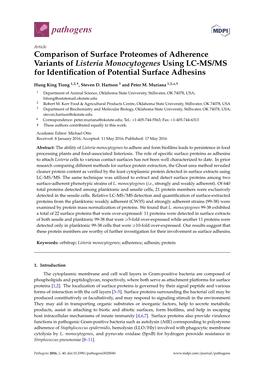 Comparison of Surface Proteomes of Adherence Variants of Listeria Monocytogenes Using LC-MS/MS for Identiﬁcation of Potential Surface Adhesins