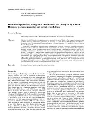 Hermit Crab Population Ecology on a Shallow Coral Reef (Bailey’S Cay, Roatan, Honduras): Octopus Predation and Hermit Crab Shell Use