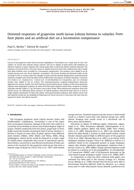 Oriented Responses of Grapevine Moth Larvae Lobesia Botrana to Volatiles from Host Plants and an Artiﬁcial Diet on a Locomotion Compensator