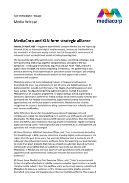 Mediacorp and KLN Form Strategic Alliance