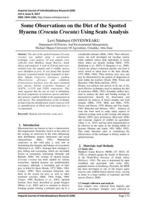 Some Observations on the Diet of the Spotted Hyaena (Crocuta Crocuta) Using Scats Analysis