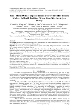 Sero - Status of HIV-Exposed Infants Delivered by HIV-Positive Mothers in Health Facilities of Imo State, Nigeria: a 5Year Survey