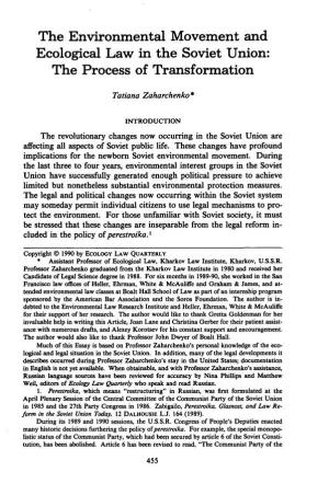 The Environmental Movement and Ecological Law in the Soviet Union: the Process of Transformation