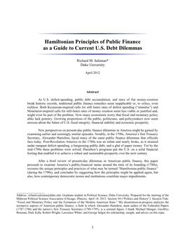 Hamiltonian Principles of Public Finance As a Guide to Current U.S. Debt Dilemmas
