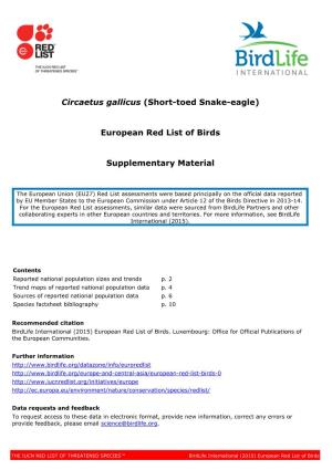 (Short-Toed Snake-Eagle) European Red List of Birds Supplementary