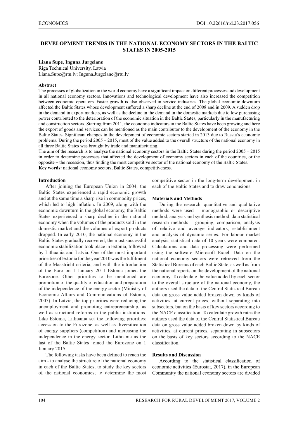 Development Trends in the National Economy Sectors in the Baltic States in 2005-2015