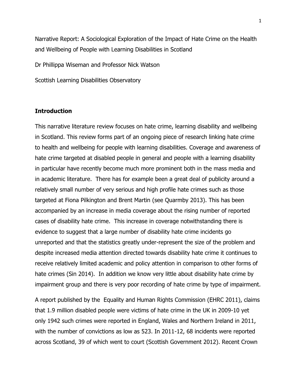 A Sociological Exploration of the Impact of Hate Crime on the Health and Wellbeing of People with Learning Disabilities in Scotland