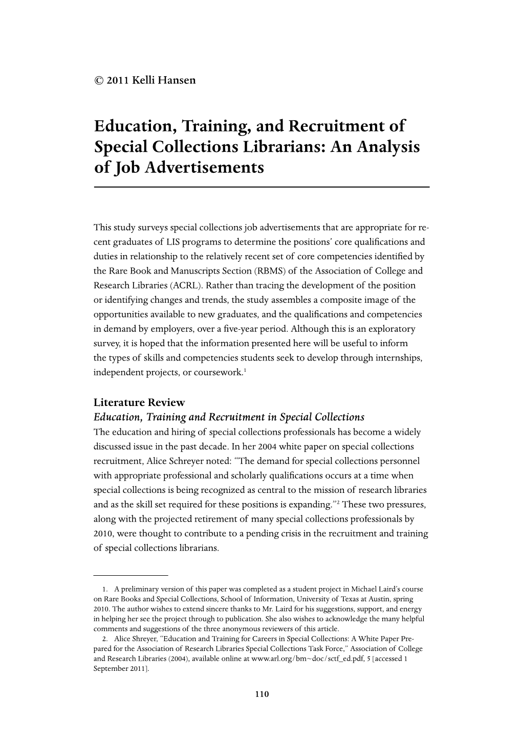 Education, Training, and Recruitment of Special Collections Librarians: an Analysis of Job Advertisements