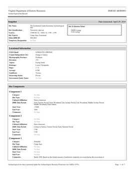 Virginia Department of Historic Resources DHR ID: 44OR0003 Archaeological Site Record