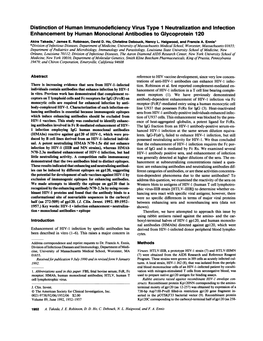 Distinction of Human Immunodeficiency Virus Type 1 Neutralization and Infection Enhancement by Human Monoclonal Antibodies to Glycoprotein 120 Akira Takeda,* James E