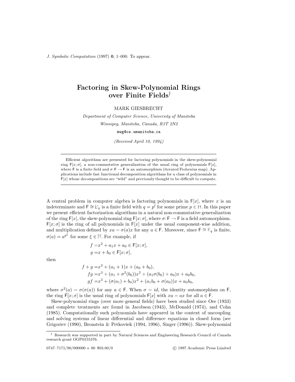 Factoring in Skew-Polynomial Rings Over Finite Fields†