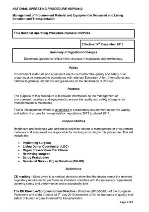 NATIONAL OPERATING PROCEDURE Nop004v2 Management of Procurement Material and Equipment in Deceased and Living Donation and Trans