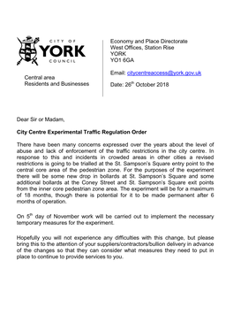 Dear Sir Or Madam, City Centre Experimental Traffic Regulation