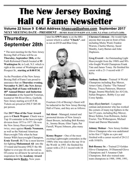N.J. Boxing Hall of Fame Newsletter September 2017