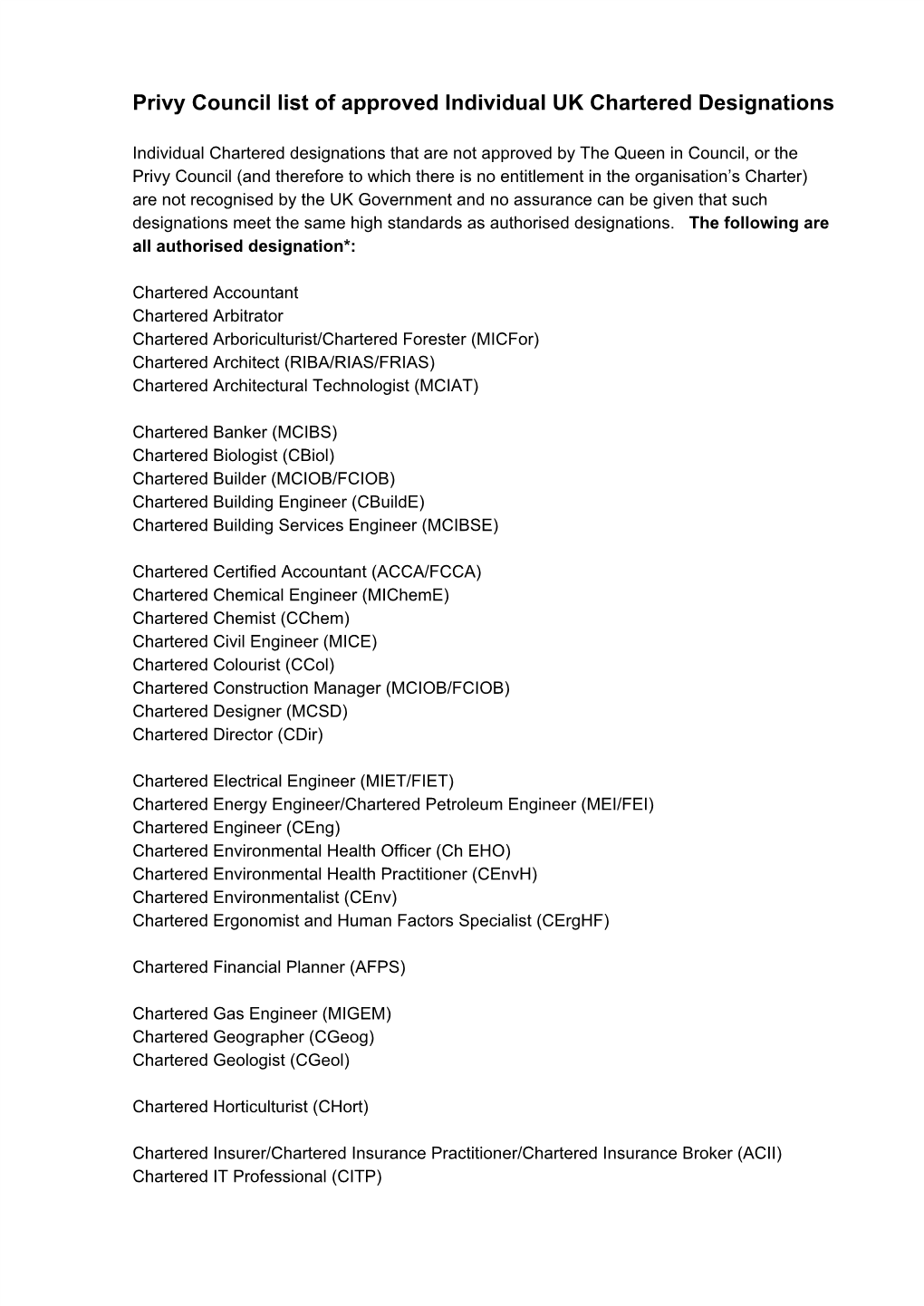 Privy Council List of Approved Individual UK Chartered Designations