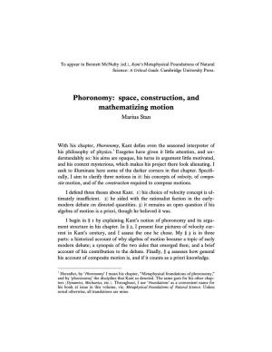 Phoronomy: Space, Construction, and Mathematizing Motion Marius Stan